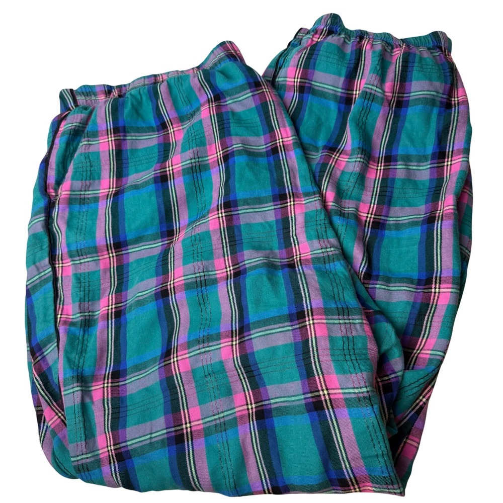 Victoria's Secret Womens Plaid Pajama Pants L Teal Pink Metallic Joggers Cozy